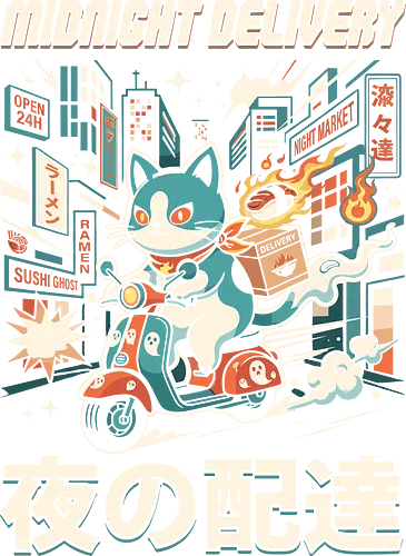 The Sushi Ghost Cat - Japanese cat shirt, midnight delivery graphic, retro anime streetwear, sushi cat tee, city pop aesthetic clothing, kawaii scooter cat, Japanese night market shirt, otaku foodie apparel, pastel anime design, retro neon city tee