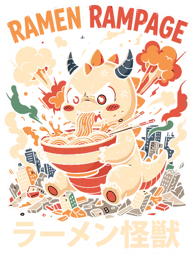 The Hungry Kaiju - Japanese food streetwear, ramen rampage design, cute monster clothing, slurp noodles shirt, retro Japanese monster merch, anime foodie fashion, otaku noodle graphic, ramen shirt, kawaii kaiju graphic tee, funny dinosaur apparel