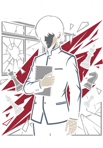 Checkmate: The Broken Scholar - psychological anime shirt, anime mastermind graphic tee, minimalist manga streetwear, chess piece design, edgy anime student apparel, dark academia otaku clothing, shattered glass aesthetic, smart anime character merch, retro anime thriller shirt, negative space anime art