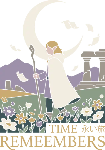 Time Remembers: The Elven Mage - Frieren inspired shirt, elven mage graphic tee, aesthetic anime apparel, fantasy anime streetwear, pastel cottagecore clothing, magical elf merch, nostalgic anime design, Japanese text aesthetic shirt, cozy fantasy fashion, wandering mage tee