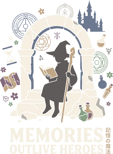 Memories Outlive Heroes: The Wandering Wizard - Frieren inspired shirt, fantasy anime graphic tee, wizard silhouette apparel, RPG gamer streetwear, aesthetic magical clothing, cozy anime design, D&D player shirt, nostalgic anime fashion, alchemy circle merch, Japanese text fantasy tee