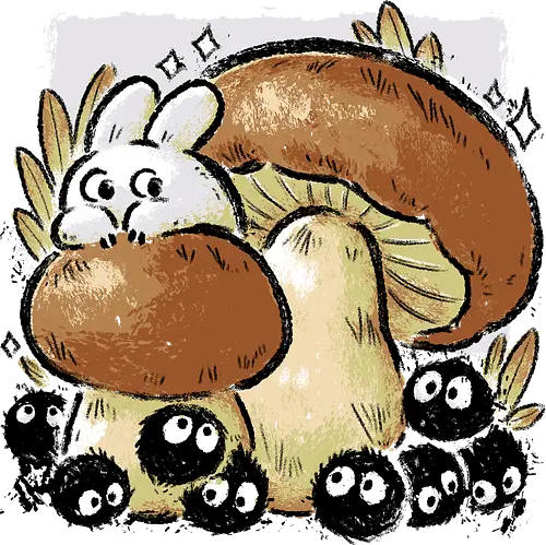 Dust Balls with Autumn Mushrooms - autumn, mushroom, famous anime, fall, fungi, cute, kawaii, cozy, forest, spring, pencil style, xmorfina, dust balls