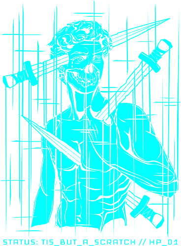 STATUS: TIS_BUT_A_SCRATCH // holy_grail.log - cyberpunk, gaming, gamer humor, tis but a scratch, 1 hp, dark art, glitch art, michelangelo david, geek, nerd, rrg.exe, system error, tech cynic, computer bug, vaporwave greece