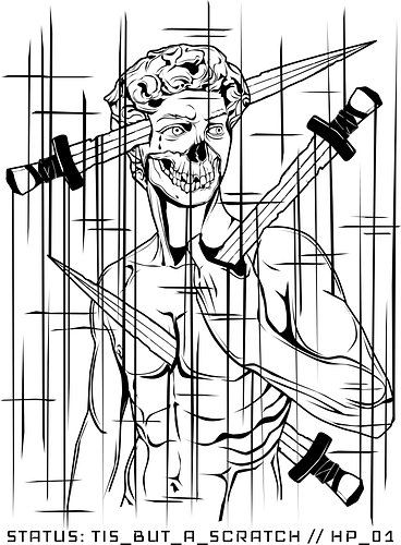 STATUS: TIS_BUT_A_SCRATCH // black_knight.exe - cyberpunk, gaming, gamer humor, tis but a scratch, 1 hp, dark art, glitch art, michelangelo david, geek, nerd, rrg.exe, system error, tech cynic, computer bug, vaporwave greece