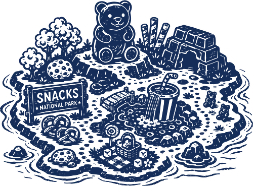 Snacks National Park - snacks national park, snacks island, snack paradise, gummy bear, popcorn, chocolate, pretzel, linocut - Standard T-Shirt