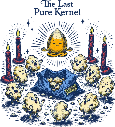 The Last Pure Kernel - corn kernel, cors, snacks, popcorn, food humor, absurd, funny food, cult, surreal, retro - Standard T-Shirt