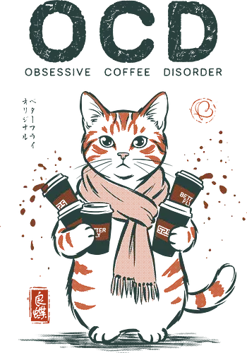 Obsessive Coffee Disorder - cat, coffee, funny, coffee lover, vintage, retro, japanese, caffeine, espresso, ocd, quote, humor, cute, mood, barista - Standard T-Shirt