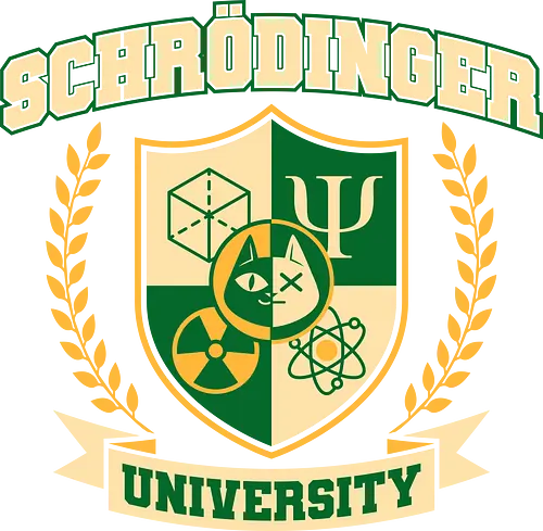 Schrodinger University - physics, science, scientist, university, schrodingers cat, back to school, cat, chemist, fake, funny, geek, humor, laboratory, mashup, nerd - Standard T-Shirt