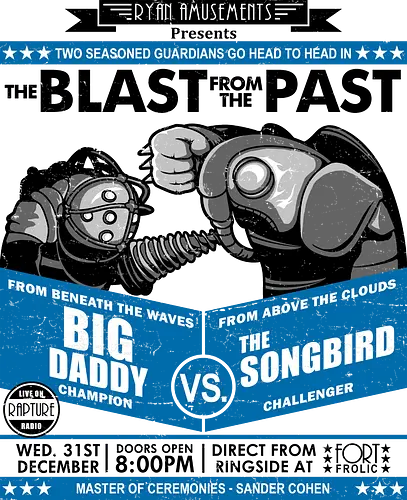 Retro Boxplakat - Unterwasser vs Himmel Roboter Wächter Duell - Retro Boxplakat Wächter, robotisches Sci-Fi Duell, Vintage Gamer Box Kunst, Retro 1940er Plakat Design, robotischer Wächter Druck, Gaming, Big Daddy, Songbird, BioShock Infinite, Rapture, Columbia, Sander Cohen, Fort Frolic, Ken Levine, 2K Game, exklusive Retro Gamer Kunst, Sci-Fi Gamer Shirt, Wächter Duell Design, Vintage Box Geek Druck, Sport Plakat Parodie Kunst, Premium Geek Gamer Shirt, mechanischer Wächter Druck, exklusives Retro Gamer Design, robotischer Wächter Kunst, Nerd Gamer Shirt - Standard T-Shirt