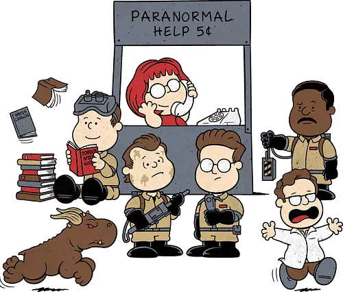 Kinder Geisterjäger Gruppe – Comics und Film Nostalgie Mashup - Nerd Nostalgie Shirt, Kinder Geisterjäger Gruppe Mashup, klassische Comics Film Crossover, 80er Nostalgie Kunst, Ghost, Peanuts, Charlie Brown, Lucy, Linus, Pigpen, mashup geek, süßes Crossover Kinder Druck, Geisterjagd süßes Design, Charles Schulz, Ghostbusters 1984, Comic Crossover Kunst, Nostalgie Geek Shirt, Kinder übernatürliche Jagd Design, klassischer Crossover Druck, nostalgische Mashup Kunst, Geek Nostalgie Shirt, exklusives süßes Crossover Design, Kinder Nostalgie Druck, amerikanische Crossover Kunst - Standard T-Shirt