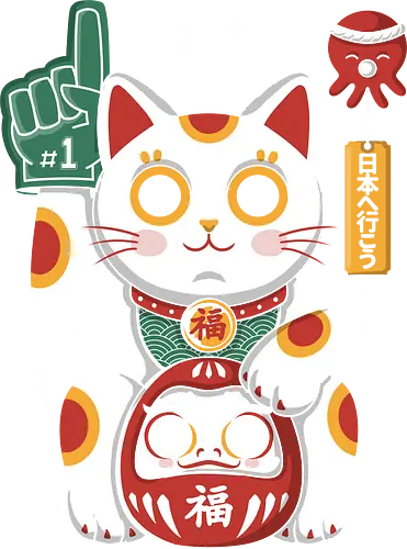 Lucky Mascot - colorful, cartoon, japanese, japan, lucky, mascot, maneki, neko, cat, daruma, fortune, luck, kawaii, asian, culture, traditional, cute, japaneseculture, catlover, goodluck, prosperity, amulet, oriental, popculture, gift - Standard T-Shirt