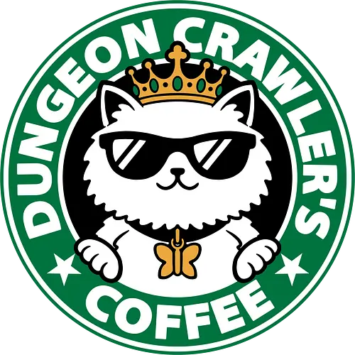 Dungeon Crawler Coffee - Coffee Time, Nerd, Geek, Fantasy, Adventure, Rpg, Litrpg, Book, Books, Bookworm, Science Fantasy, Science Fiction, Scifi, Cat, Pet, Donut, Funny, Post-apocalyptic, Apocalypse, Post Apocalyptic, Apocalyptic Cats, Postapocalypse, Post-apocalypse, Poster, Parody, Mashup, Logo, Graphic Design, Coffee, Coffee Shop - Standard T-Shirt