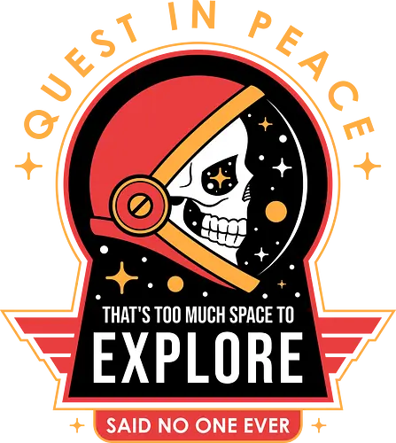 Quest In Peace - skull, space lover, travel, vintage, funny saying, scifi, space, astronaut, explore, funny, funny quote, helmet skull, retro, science, science fiction - Standard T-Shirt