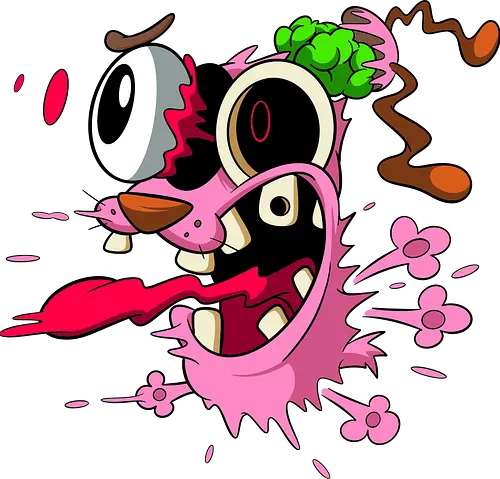 Freaky Pinker Hund Explodierter Kopf - Surreale Horror Cartoon Art - Dark-Cartoon, Popkultur, Retro-Cartoon, Geek-Mode, Courage der feige Hund, Courage the Cowardly Dog, Cartoon Network, John Dilworth, Cartoon-Horror, gruseliger feiger Hund, explodiertes Gesicht, Geek-Kultur, Cartoon Network T-Shirt, Geek-Fashion, 2000er-Animation, surrealer Cartoon, Geek-Geschenk, Horror-Cartoon, Courage rosa Hund, Underground-Kunst - Standard T-Shirt
