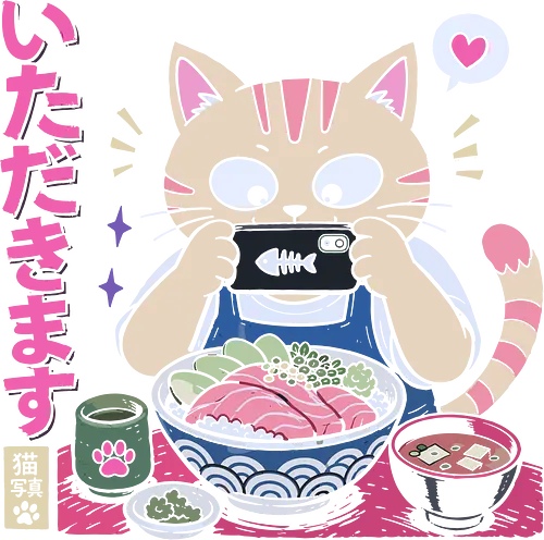 Itadakimasu: The Foodie Cat - Japanese sushi shirt, foodie cat graphic tee, kawaii anime food apparel, Itadakimasu streetwear, cute neko clothing, retro Japanese pop art, aesthetic pastel animal design, otaku foodie fashion, vintage linocut graphic, funny cat meme shirt - Standard T-Shirt