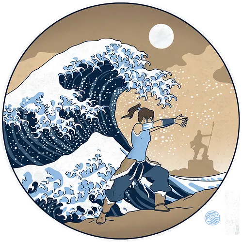 Kriegerin Beherrscht Riesenwelle Unter Vollmond - Ahnenstatue, raue See, Silhouette im Hintergrund, erdige Töne, orientalische Illustration, Naturgewalt, entschlossene Kriegerin, spirituelles Erbe, Wasserkriegerin, riesige Welle, klassische japanische Kunst, Vollmond, Ukiyo-e-Stil, elementare Kraft, Wasserkontrolle - Standard T-Shirt