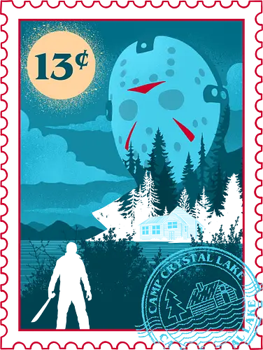 Slasher Express - scary, slasher, stamp, summer, vintage, horror, 80s, camp, camping, halloween, horror movie, lake, nostalgia, outdoors, retro - Standard T-Shirt