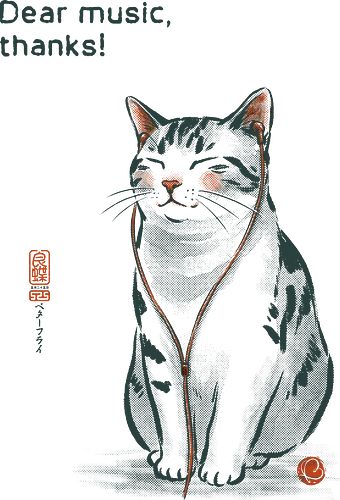 Dear Music, thanks! - cat, music, headphones, funny, vintage, retro, japanese, earphone, song, audiophile, quote, wholesome, cute, mood, relaxed - Standard T-Shirt