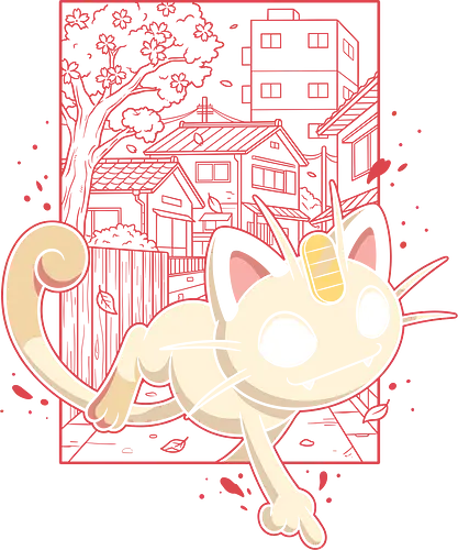 Coin Cat Run: The Midnight Stroll - Meowth shirt, retro Japanese streetwear, anime cat graphic tee, pocket monster apparel, lo-fi city pop design, 90s gaming nostalgia, Japanese suburb aesthetic, cherry blossom anime clothing, minimalist otaku fashion, vintage manga style tee - Standard T-Shirt