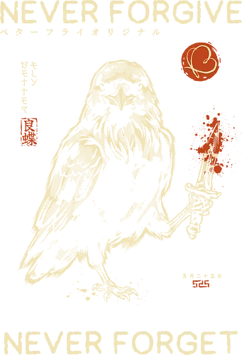Never Forgive Never Forget - raven, crow, funny, dark humor, vintage, retro, japanese, dagger, bloody, revenge, gothic, bird, quote, mood, sarcastic - Standard T-Shirt
