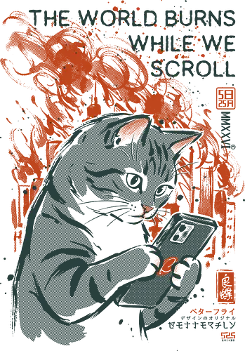 The World Burns While We Scroll - cat, funny, phone, doomscrolling, vintage, retro, japanese, social media, internet, scrolling, quote, humor, cute, mood, ironic - Standard T-Shirt
