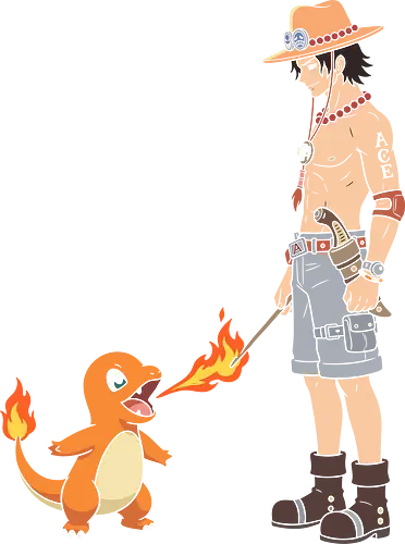 Fire Users: The Perfect Match - Portgas D Ace shirt, One Piece crossover apparel, fire pokemon graphic tee, Charmander merch, anime mashup streetwear, Fire Fist pirate clothing, classic shonen anime fashion, retro gaming nostalgia tee, otaku pop culture design, cute anime fire users - Standard T-Shirt