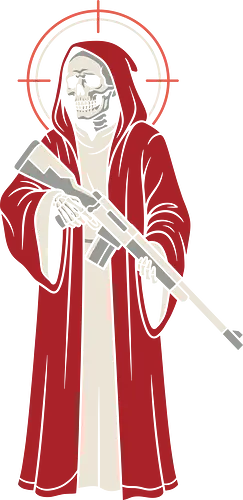 Holy Reaper: The Crimson Marksman - grim reaper shirt, tactical skeleton graphic tee, red robe death apparel, edgy sniper streetwear, dark gothic clothing, holy reaper design, alternative military shirt, modern angel of death, crosshair halo tee, bad ass skull merch - Standard T-Shirt