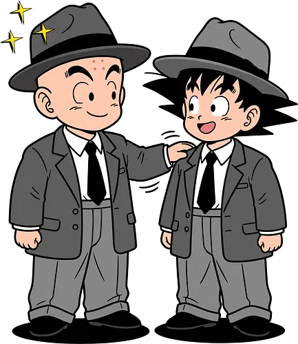 Turtle School Mafia: Dapper Duo - Kid Goku and Krillin shirt, retro Dragon Ball merch, anime best friends graphic tee, funny anime mafia apparel, nostalgic shonen streetwear, Turtle School duo clothing, vintage manga aesthetic, quirky otaku fashion, classic anime comedy shirt, oversized suit anime design - Standard T-Shirt