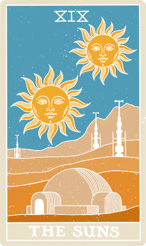 Twin Suns Tarot Card - sci fi, 80s, 80s movies, desert, geek, magic, mystical, nostalgia, occult, science fiction, space, summer, sun, tarot card, tatooine - Standard T-Shirt