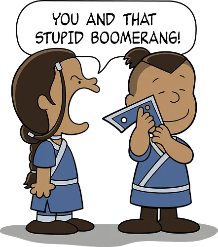 Geschwister im Streit im Retro-Comic-Stil - streitende Geschwister, Retro-Comicstrip, minimalistische Strichzeichnung, Aang, bumerangue, nostalgischer Cartoon, geliebtes Objekt, komischer Streit, Vintage-Cartoon-Stil, Sokka, Katara, Peanuts, Charlie Brown, Linus, mashup geek, Nickelodeon, Figur umarmt Objekt, Familienhumor, einfache Illustration, klassischer Comicstrip, Comic-Panel-Szene, übertriebener Ausdruck, blaues Outfit, komisches Duo - Standard T-Shirt