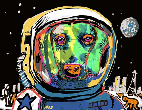Astro-Doxie: Major Tom der Dackel - dackel, teckel, dachshund, astronaut, weltraum, space, kosmonaut, pop art, psychedelisch, trippy, neon, bunt, retro, illustration, sci-fi, hundemotiv, geekwear, major tom, laika, tier, comic, kunst - Standard T-Shirt