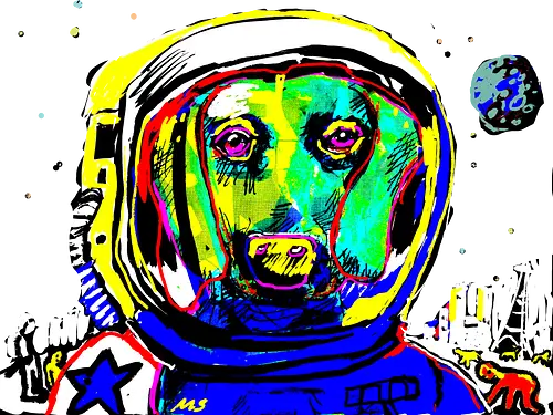 Astro-Doxie: Major Tom der Dackel - dackel, geekwear, major tom, laika, tier, comic, kunst, teckel, dachshund, astronaut, weltraum, space, kosmonaut, pop art, psychedelisch, trippy, neon, bunt, retro, illustration, sci-fi, hundemotiv - Standard T-Shirt