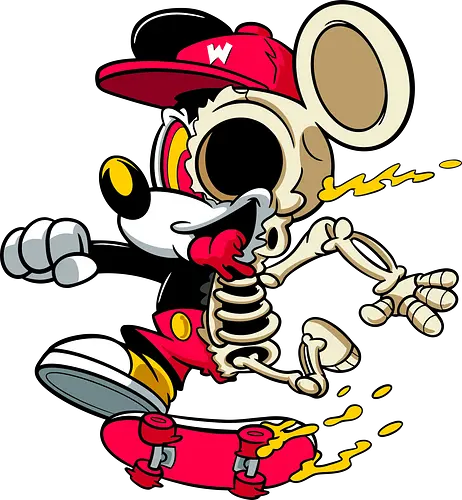 Skelett-Skater-Maus – Neon Streetwear Horror Cartoon Kunst - Pop Art Skate Horror, Maus Charakter Horror, Cartoon Skelett Streetwear, Skelett Skate Maus, Cartoon Horror Streetwear, rote Mütze Skelett, hypnotisches Auge Cartoon, Underground Skate Horror Kunst, schmelzende Neon Maus, Mickey Mouse horror, Mickey Mouse skeleton, Disney skate art, Mickey Mouse freaky, Disney horror geek, Geek Skate Horror Druck, Zombie Cartoon Skater, blauer Hintergrund Cartoon Horror, alternative Skate Kunst, dunkler urbaner Skate Cartoon, urbaner Neon Horror Druck - Standard T-Shirt