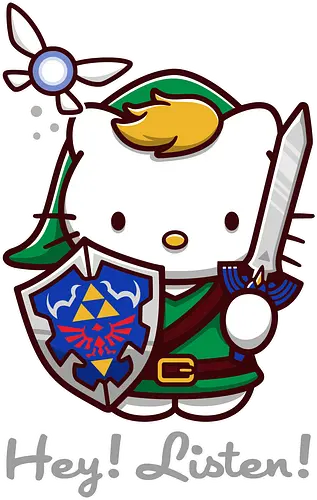 Niedliche Figur als Held mit Magischem Schild - niedliche Figur, ausgerüsteter Held, magischer Schild, Feenbegleiterin, glänzendes Schwert, Kawaii-Mashup, episches Abenteuer, Cat, legend, Hero of Time, Navi, Hey Listen, Sanrio, Ocarina, bunte Fantasie, fliegende magische Kreatur, Vektorillustration, grüner Helm, entzückender Krieger, Dreieckssymbol, Warnphrase, nostalgischer Gamer-Stil - Standard T-Shirt