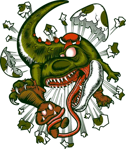 Wildes Reptil Verschlingt Niedliche Kreatur in Düsterer Kunst - wildes Reptil, verschlungene Kreatur, düstere Kunst, Old-School-Tattoo, grünes Monster, Eierschalen, scharfe Zähne, bedrohliche Krallen, Dino, Goomba, Mario, Super Mario World, old school, gamer, geek, Mario Bros, Villain, dark, lange Zunge, grotesque Illustration, Underground-Stil, mutierte Kreatur, monströser Dinosaurier, alternative Kunst, düstere Neuinterpretation - Standard T-Shirt