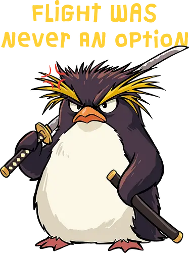 Flight Was Never An Option - flight was never an option, angry, bird, dark humor, flight, funny penguin, katana, martial arts, ninja, penguin, penguin meme, rockhopper penguin, samurai, sword, warrior - Standard T-Shirt