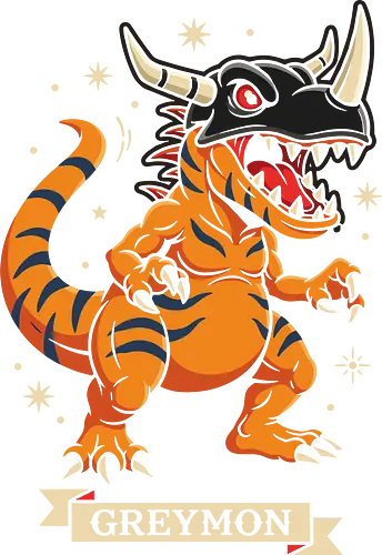 Digital Champion: The Horned Rex - Greymon shirt, retro digital monster graphic, 90s anime apparel, nostalgic gamer streetwear, dinosaur anime design, vintage pop culture tee, orange t rex clothing, anime champion merch, geeky aesthetic fashion, classic monster taming shirt - Standard T-Shirt