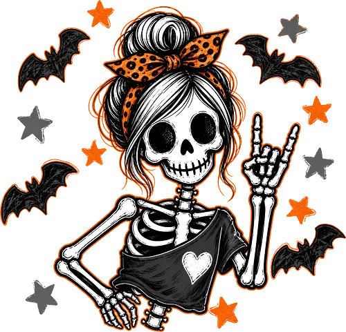 Skelett-Mädchen Halloween Rockerin Gruselig Lustig - Skelett, Skelett-Mädchen, Halloween, Rockerin, Rock, gruselig, lustig, Totenkopf, Kawaii, süßes Skelett, Kürbisse, Sterne, Alternative, Gruselzeit - Standard T-Shirt