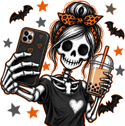 Skelett-Mädchen Selfie Boba Halloween - skelett mädchen, halloween, boba, bubble tea, selfie, kawaii, spooky, schädel, süß, lustig, kürbis, gruselig, halloween motiv, herbst - Standard T-Shirt