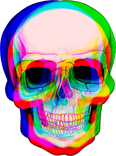 Bunter Schädel mit Digitalem Glitch-Effekt - bunter Schädel, digitaler Glitch-Effekt, psychedelische Kunst, lebendige Farben, urbane Ästhetik, modernes Grafikdesign, visuelle Verzerrung, Farbschichten, zeitgenössische Kunst, digitale Illustration, dunkler Hintergrund, Anaglyph-Stil, alternative Kunst, zeitloses Symbol, mutiges Design - Standard T-Shirt