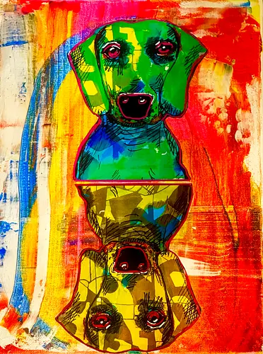 Neon Reflection: Upside Down - Pop Art, Expressionismus, Psychedelisch, Abstrakt, Neon, Spiegelung, Hund, Dackel, Jagdhund, Haustier, Kunstwerk, Gemälde, Farbenfroh, Kontrastreich, Grün, Gelb, Rot, Camouflage, Grafikdesign, Geek Art, Nerdwear, Statementshirt, Unkonventionell, Eyecatcher - Standard T-Shirt