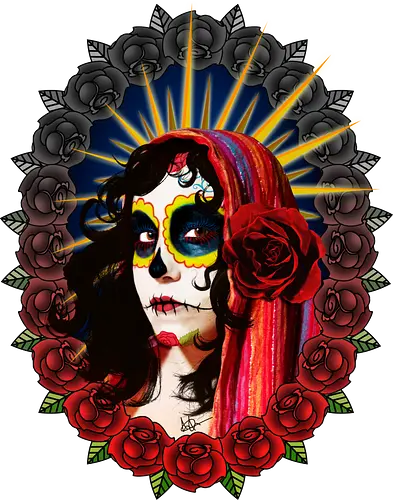 Frauenporträt mit Totenkopf-Make-up und Rosen - La Catrina, Frauenporträt, rote Rosen, Volkstradition, farbenfrohe Kunst, bunter Schleier, kulturelle Symbolik, lebendige Illustration, Blumenrahmen, markierte Augen, folkloristischer Stil, Ahnenfeier, lateinamerikanische Kunst, künstlerisches Porträt, Popkultur - Standard T-Shirt