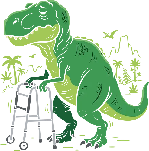 Prehistoric Problems: The Senior T-Rex - funny dinosaur shirt, old t-rex graphic tee, senior citizen apparel, sarcastic animal streetwear, funny birthday gift clothing, prehistoric humor design, tired dinosaur merch, quirky aesthetic fashion, over the hill shirt, humorous walker graphic - Standard T-Shirt