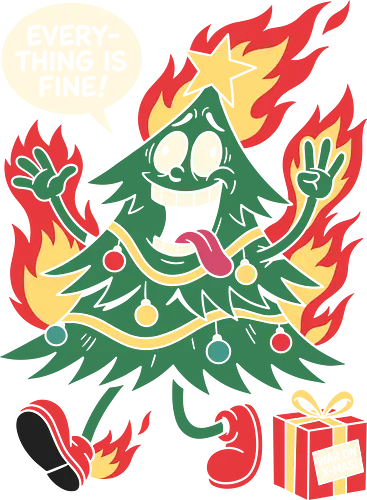Holiday Chaos: This is Fine Tree - chaotic holiday graphic tee, burning christmas tree design, sarcastic festive streetwear, retro rubber hose cartoon, funny christmas tree shirt, this is fine meme apparel, dark humor christmas merch, alternative ugly sweater, funny holiday stress clothing, internet meme fashion - Standard T-Shirt