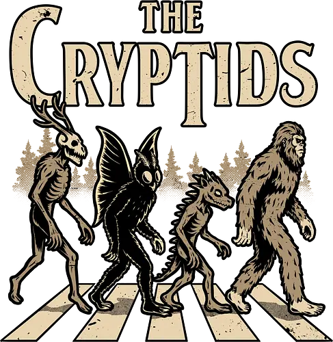 Cryptids Album Cover - Spooky Season, cryptids, cryptidm bigfoot, Cryptozoology, Sasquatch, chupacabra, mothman, wendigo, conspiracy, creatures, creature, mythical, Magical Creatures, Mythological Creatures, Strange Creatures, Mythological Creature, Mythical Creature, myth, mythical, legendary, monsters, monster, dark, Rock & Roll, forest, horror, scary, Music, Music Group, Musical, Classic, Rock, Rock And Roll, Rock N Roll, Album Cover, Album, Halloween, Eerie, Fright, Creepy, Halloween Design, Halloween Art, Halloween Aesthetic, Halloween Vibes, fun, Funny, Spooky - Standard T-Shirt