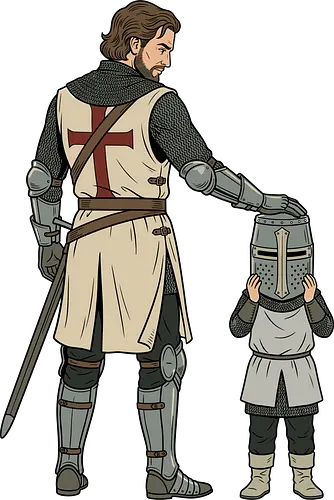 The Squire's Burden: A Knight's Legacy - knight and squire shirt, medieval crusader graphic tee, funny history apparel, D&D player clothing, big helmet child design, historical meme streetwear, retro comic book art, templar knight merch, father and son knight tee, aesthetic fantasy fashion - Standard T-Shirt
