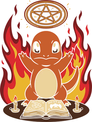 Fiery Summoning: The Occult Starter - Charmander shirt, occult gaming graphic tee, retro anime streetwear, fire starter apparel, witchy monster design, spooky cute 90s fashion, nostalgic gamer clothing, dark magic anime merch, pentagram graphic shirt, alternative pop culture tee - Standard T-Shirt