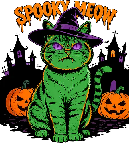 Spooky Meow – Halloween Katze mit Hexenhut - Halloween, Katze, Spooky Meow, schwarze Katze, Hexe, Hexenhut, Kürbis, Fledermaus, Spooky, Grusel, Gothic, Herbst, Katzenfan, Hexen, Halloween Katze - Standard T-Shirt