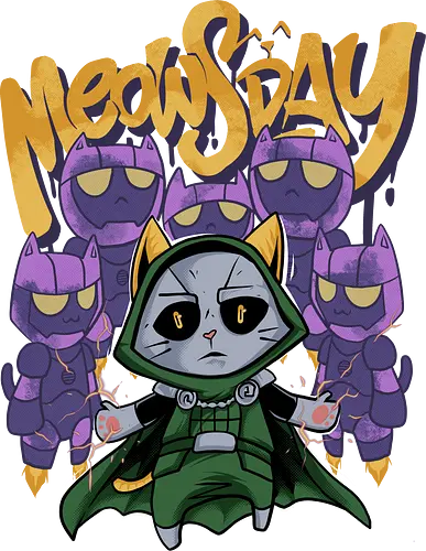 meowsday is coming - cat, meow, kitty, fun, avenger, drdoom, doomsday, cartoon, fantastic, hoomanlover, catlover, sentinel, superhero, villain - Standard T-Shirt