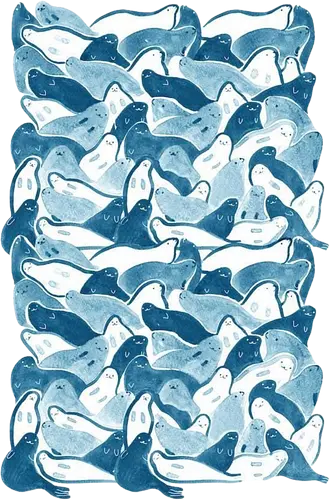 Blaue Robben Ozeanmuster - Aquarellmuster Ozean, Meer, niedliche blaue Tiere, Mosaik, Wildtiere, nautische Illustration, Kawaii, wiederholend, verspielt - Artprint